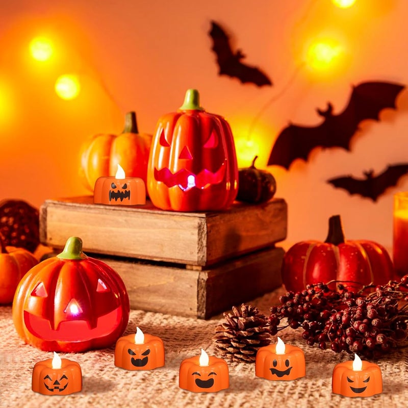 DRomance Halloween Pumpkin Lights Flameless Candles Battery Operated with Timer, 200 Hours Lasting LED Flickering Votive Tealight Candles Spooky Face Halloween Decorations Indoor(6 Pack, 1.9" x 1.6") - Image 4